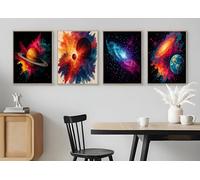 Set of 4 Space and Planet Paintings - A5 A4 A3 Art Posters Wall Art Modern Painting Prints for Home Office or Workspace Interior Decoration (A5 (210x148mm), High-resolution paper)