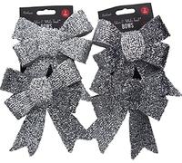 Set Of 4 Sparkling Tinsel Silver 17cm Bow Christmas Tree Baubles Decorations