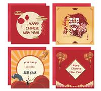 Set of 4 Square Chinese New Year Cards and Envelopes Set Chinese Red Lantern Dance Lion Greeting Card Good Luck Greetings Holiday Folding Greeting Cards for Business Friends Family