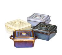 Set Of 4 Square Reactive Glaze Mini Casserole Dishes Stoneware Oven Pots Lids