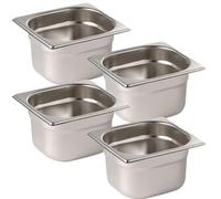 Set of 4 Stainless Steel Gastronorm Pans & Lids - 1/6 Size 176 x 162 mm - Depth 100mm - Bain Marie