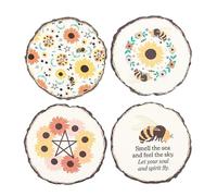 Set of 4 Summer Solstice Wood Slice Coasters - Sunflowers, Pentagrams, Moon Phases & Bees