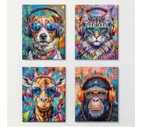 Set of 4 Trendy Graffiti Animals Wall Art Print Colorful Gamer Earphone Cat Dog Orangutan Giraffe Canvas Poster Picture Pop Art Animal Wall Decor for Home Living Room Teen Game Room 8x10 Inch Framed