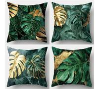 Set of 4 Tropical Foliage Decorative Throw Pillow Covers 60x60 cm Green Gold Velvet Cushion Covers Double-Sided Square Sofa Pillowcase for Outdoor Furniture Garden Living Room
