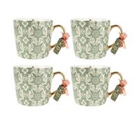 Set of 4 Tudor Rose Mugs, 330ml Green Ceramic Mugs with Gold Handles