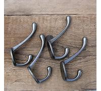 Set of 4 - Vintage Pewter Style Cast Iron Double Metal Wall Coat Rack Hooks
