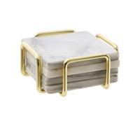 Set of 4 White Marble Coasters with Brass Finish Holder | Delphine