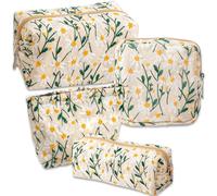 Set of 4 Women's Makeup Bag with Daisy Embroidery - Cotton Travel Cosmetic Bag with Zipper - Can Hold Wallets, Bracelets, Cosmetics and Hygiene Items, beige, Elegant simplicity