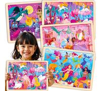 Set of 4 Wood Puzzles for Kids Age 3+, 24 Pcs Wooden Realistic Montessori Toddler Puzzles by QUOKKA - Mermaids, Princesses, and Others Themes - Learning Games for Girls