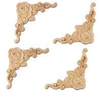 Set of 4 Wooden Carved Corner Onlay Appliques for Furniture Mouldings, Door Frames, Cabinet Borders and Wall Decor, 8x8cm Elegant European Style Ornamental Wood Flower Board