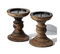 Set of 4 Wooden Pillar Candle Holders (Brown Design Two)