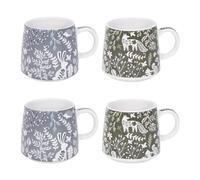 Set of 4 Woodland Stoneware Coffee Mugs Afternoon Tea Cups Home Kitchen Mug Set Floral Blue Green Forest