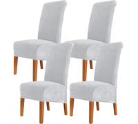 Set of 4 XL Stretchable Velvet Dining Chair Covers - Washable Elastic Slipcovers for High Back Dining Room Kitchen & Banquet Chairs - Light Grey Easy Care