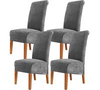 Set of 4 XL Stretchable Velvet Dining Chair Covers - Washable Elastic Slipcovers for High Back Kitchen & Dining Room Chairs (Dark Grey) -Protection & Elegant Style