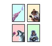 Set of 4 - Yellow, Green, Blue & Pink Pastel, Monkey, Lion, Giraffe, Koala, Quirky Jungle Fun Safari Animal Set Wall Art, Home Decor A3 or A4 Print Only Poster, Unframed) (A3)