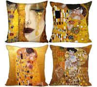 Set of 4 Yellow Gustav Klimt Waterproof Cushion Covers Linen Decorative Square Throw Pillow Cover Luxury Pillowcases for Outdoor Livingroom Sofa Bedroom with Invisible Zipper 24x24in / 60x60cm e-44