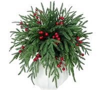 Set of 40 Artificial Norfolk Pine Branches with Red Berry 12.8" Christmas Greenery Picks Norfolk Pine Stems Fake Pine Tree Needle Sprigs for Vase Filler DIY Craft Garland Home Decorations (Green)