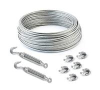 Set Of 40 M Galvanised Wire Rope 3 mm Strand: 6 x 7 + 6 Clamps + 2 Eyelets/Hook Tensioners
