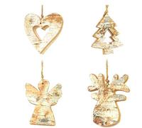 Set Of 4pcs Hand Crafted 8cm Real Wooden Christmas Ornament Tree Hanging Decorations Xmas Home Décor -Angel - Tree - Reindeer - Heart Each, Brown