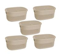 Set of 5-4L Plastic Storage Basket With Lid and Handle - Oval Shape Shelf Organizer for Bathroom, Kitchen, Knit Design (Beige)