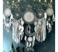 Set of 5 Boho, Hanging Large Boho Dream Catcher Wall Hanging Moon Dream Catcher Set Dream Catchers Wall Decor for Vintage Wedding Home Decorations (Grey)