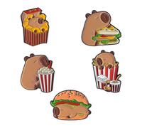 Set of 5 Cartoon Capybaras Hamburger Fries Metal Pins Easy Clip on Alloy Accessories for Daily Use and Gifts Cartoon Animal Pin
