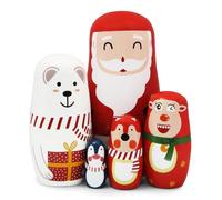 Set of 5 Christmas Wooden Russian Nesting Dolls,Cute Animal Santa Claus Polar Bear Elk Fox Penguin Stacking Doll Xmas Matryoshka Doll Nested Toy Home Decor for Kids Gift Christmas Birthday Party