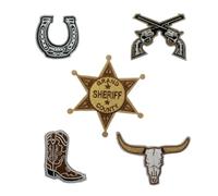 Set of 5 Cowboy Core Embroidery Patch Iron on or Sew on Embroidered Motif Transfer Sheriff Shoe Horse Boots Bull Skull