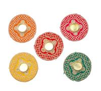 Set of 5 Decorative Mat Rangoli with T-Light Candle Holder Stand for Indian Traditional Diwali Decor Decorations Made up of Golden Embrodaries for Gifting Idea(Size 5")(Red,Yellow,Orange,Pink,Green)