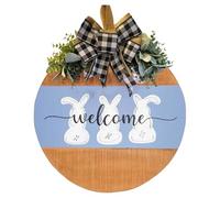 Set of 5 Easter Bunny Wooden Welcome Signs - Round Hanging Door Decorations with Floral Wreaths for Spring on Front Porch and Home (Light Blue, A)