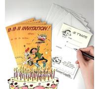 Set of 5 Gaston Lagaffe Birthday Invitation Cards + 5 White Envelopes 9 x 14 cm - Text I invite you to ... (blow my candles) (date) at (time) address Party Tea Cake Bubbles IV5020 S5