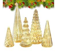 Set of 5 Glass Christmas Tree, 2026 Upgrade Aesthetic Illuminated Christmas Decorations Trees with LED, Silver Tree Figurine Lamp Art Ornament for Party Tabletop Home Mantel