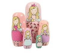Set of 5 Glossy Angel Girl Stacking Toy Toddler Toy Wooden Nesting Doll for Kids Gift Nursery Decor (Pink)