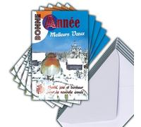 Set of 5 Glossy Red Happy New Year Cards + 5 White Envelopes Size 14 x 9 cm - Health Joy Happiness Bird Robin Dove of Peace Cottage Forest Fir Landscape Under Snow Parties