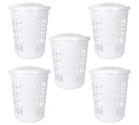 Set of 5- Ice White 60L Litre Hamper Linen Storage Bin Box Laundry Supplies with Lid Airy Basket For Laundry, Bathroom