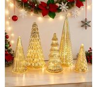 Set of 5 Illuminated Mercury Glass Christmas Trees,Christmas Decorations Tree Figurine with LED Light,Battery Operated Lighted Tree Figurine for Xmas Home Tabletop Centerpiece Decor (Gold)