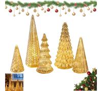 Set of 5 Illuminated Mercury Glass Christmas Trees with LED Lights, 2026 New Silver & Gold Lighted Christmas Tree Figurines for Tabletop, Mantel, Home & Party Centerpiece Decor (Gold)