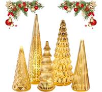 Set of 5 Illuminated Mercury Glass Christmas Trees with LED Lights, Lighted Glass Tree Figurines for Tabletop, Mantel, Holiday Xmas Home Party Centerpiece Decor (Gold)