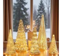 Set of 5 Illuminated Mercury Glass Trees, LED Lighted Christmas Trees, Silver Mercury Glass Xmas Tree Figurines Tabletop Christmas for Home, Mantel Party Décor