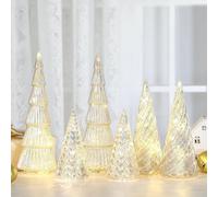 Set of 5 Illuminated Mercury Glass Trees,Light up Silver Christmas Decor Lighted Tree Figurine with Led Timer,Home Tabletop Party Centerpiece Mantel Gift Decorations (Silver)