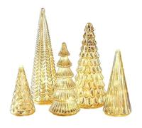 Set Of 5 Illuminated Mercurys Glass Christmas Tree With LED Lights,Light Up Gold Christmas Tree | Silver Finish Acrylic Figurines Tabletop Ornament For Home Offices Mantle Holiday Decor
