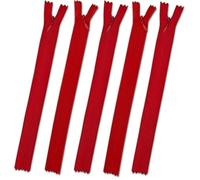 Set of 5 Invisible Zips 7” Red | Closed-End Coil Zip 18cm Long with Single Slider Size #3 | Hidden Nylon Zip for Skirts, Dresses, Trousers DIY Repair, Tailoring | Replacement Zipper