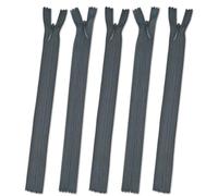 Set of 5 Invisible Zips 9” Grey | Closed-End Coil Zip 22cm Long with Single Slider Size #3 | Hidden Nylon Zip for Skirts, Dresses, Trousers DIY Repair, Tailoring | Replacement Zipper