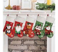 Set of 5 Large 18-Inch Christmas Stockings with Plush Cuff - Santa, Snowman, Reindeer, Elf Designs for Fireplace Hanging, Holiday & Christmas Tree Decorations