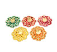Set of 5 Mat Rangoli with Tea Light Candle Holder Stand for Home Made up of Artificial Silk cloth Golden Embroideries for Indian Traditional New year Festival(Size:-5")(Red/Pink/Yellow/Green/Orange)