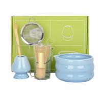 Set of 5 Matcha Tea Set with Whisk and Bowl, Matcha Kit for Ceremony Ceramic Matcha Bowl Gift for Tea Lovers(Blue)
