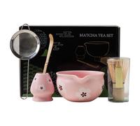 Set of 5 Matcha Tea Set with Whisk and Bowl, Matcha Whisk Ceramic Whisk Holder, Matcha Tea Kit for Tea Lovers(Pink-White)