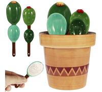 Set of 5 Measuring Spoons in Pot Organiser, Ceramic Cactus Set, Ceramic Cactus Measuring Spoon with Measuring Cups and Spoons, for Kitchen, Dry, Wet Measurement, Liquid, Food, Salt and Sugar (A)