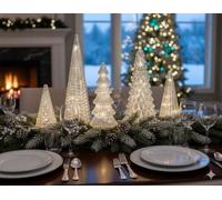 Set of 5 Mercury Resin Christmas Trees, Lighted Resin Christmas Tree Figurines with LED, Elegant Silver & Gold Re sin Xmas Tre e Tabletop Decorations for Home & Party