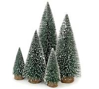Set of 5 Mini Christmas Trees, Snow Frosted Sisal Bottle Brush Pine Trees with Wooden Bases, Small Tabletop Miniature Trees for Holiday Party Home Winter Wonderland Decoration